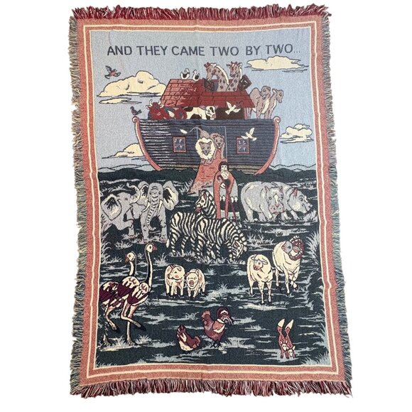 Vintage Noahs Ark Tapestry Blanket ‘And they came two by two’ 1994 fringed - Picture 1 of 9